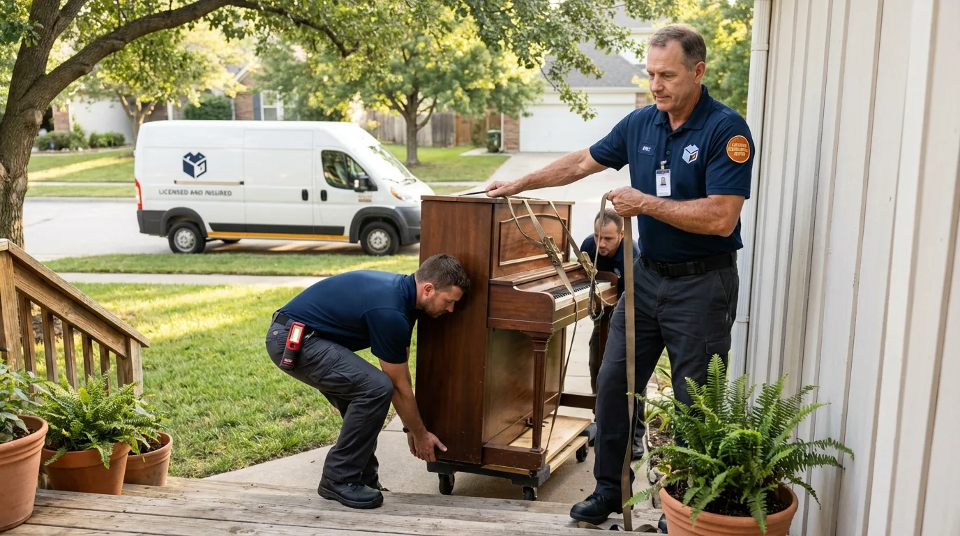 Licensed piano movers securing grand piano in Friedensburg, PA