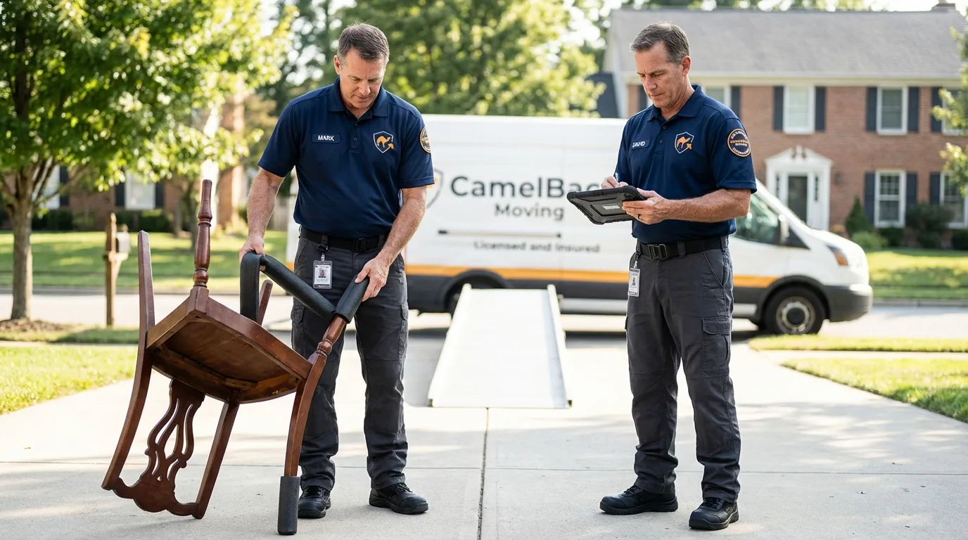 Movers inspecting furniture for damage prevention before loading in Friedensburg, PA