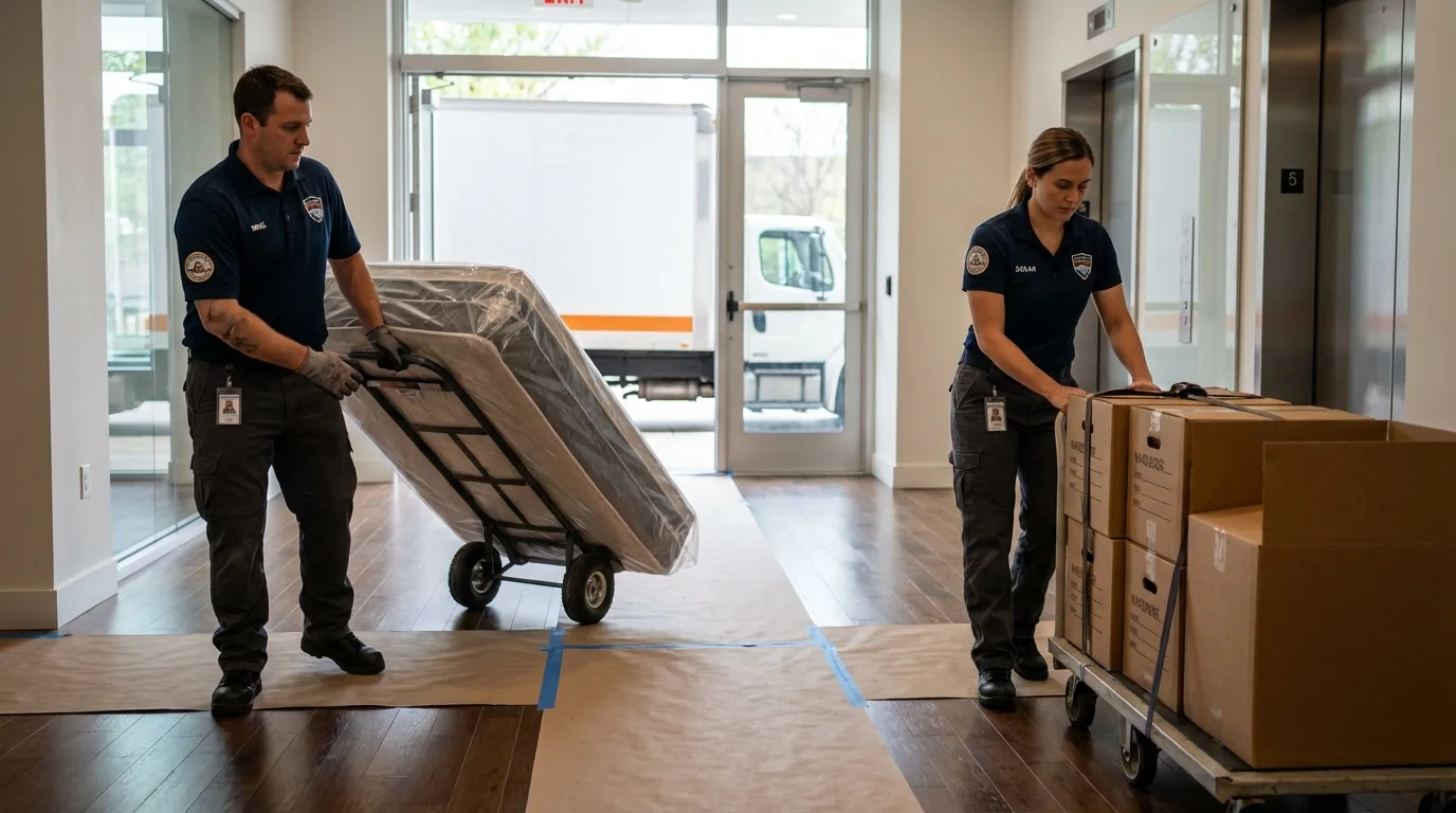 Professional apartment movers loading elevator in Friedensburg, PA